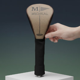 Funda Para Palo De Golf Textura de cuero marrón Monograma Nombre