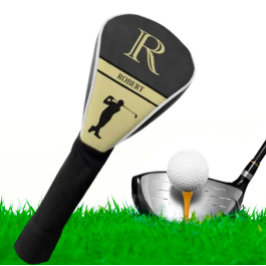 Funda Para Palo De Golf Textura de cuero negro Golfer Monograma nombre oro