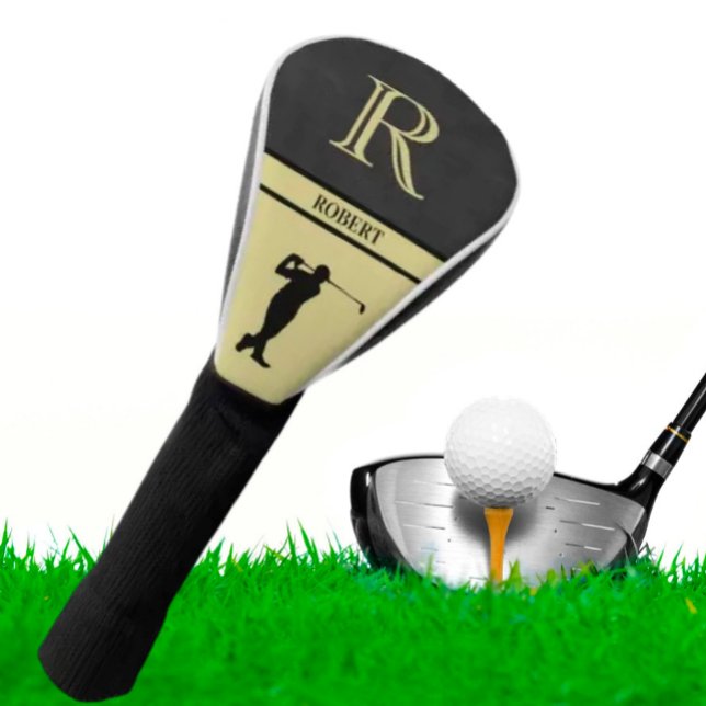 Funda Para Palo De Golf Textura de cuero negro Golfer Monograma nombre oro (Subido por el creador)