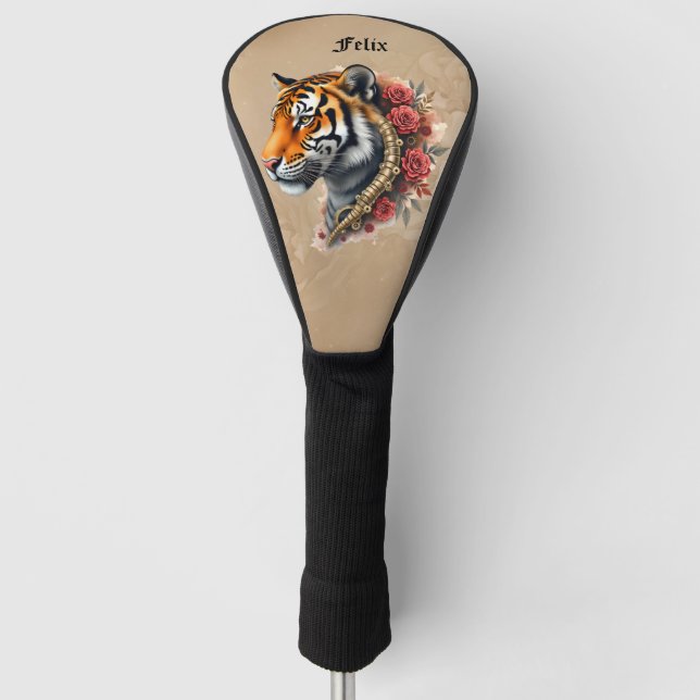 Funda Para Palo De Golf Tigre de vapor con Ilustracion de Rosas. (Anverso)