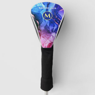 Funda Para Palo De Golf Tinta líquida azul violeta roja, monograma y nombr