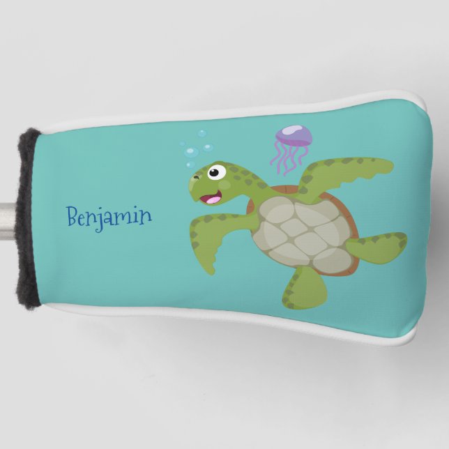 Funda Para Palo De Golf Tortuga marina verde suave feliz ilustracion perso (Anverso)