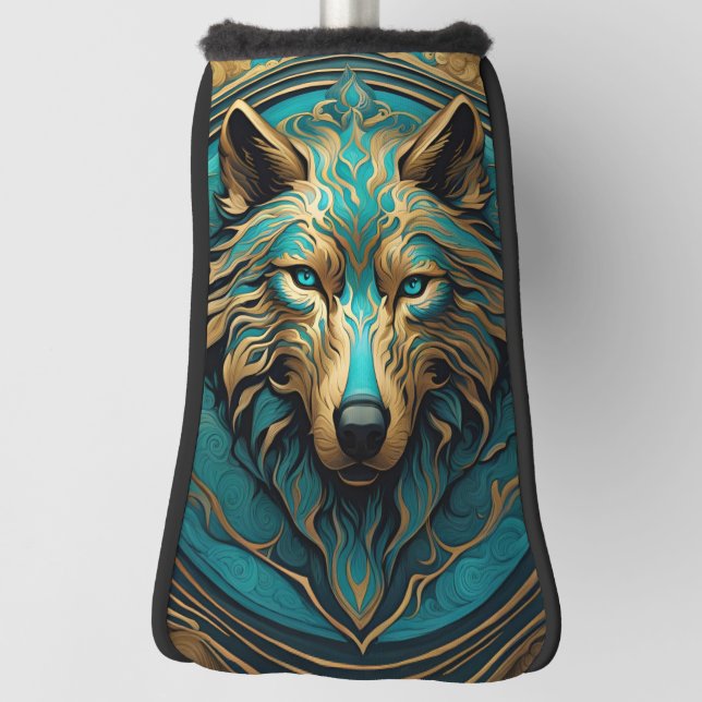 Funda Para Palo De Golf Turquesa y lobo de oro (Girar 90)