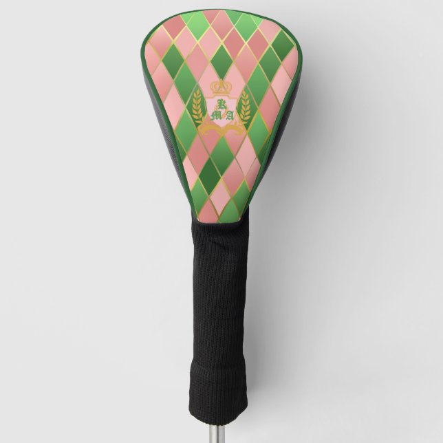 Funda Para Palo De Golf Ultra Chic Preppy Pink Green Argyle Monogram Crest (Anverso)