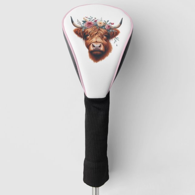 Funda Para Palo De Golf Vaca de tierras altas, con flores y primavera (Anverso)