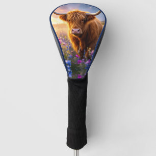Funda Para Palo De Golf Vaca Highland en un campo de flores coloridas