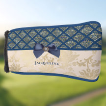 Vintage Navy Gold Damask look con doblado y nombre