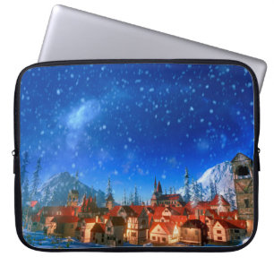 Funda Para Portátil 3d ilustracion de pequeño pueblo alpino al amanece