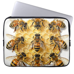 Funda Para Portátil Abejas Melíferas en Círculo de Panal Hexagonal