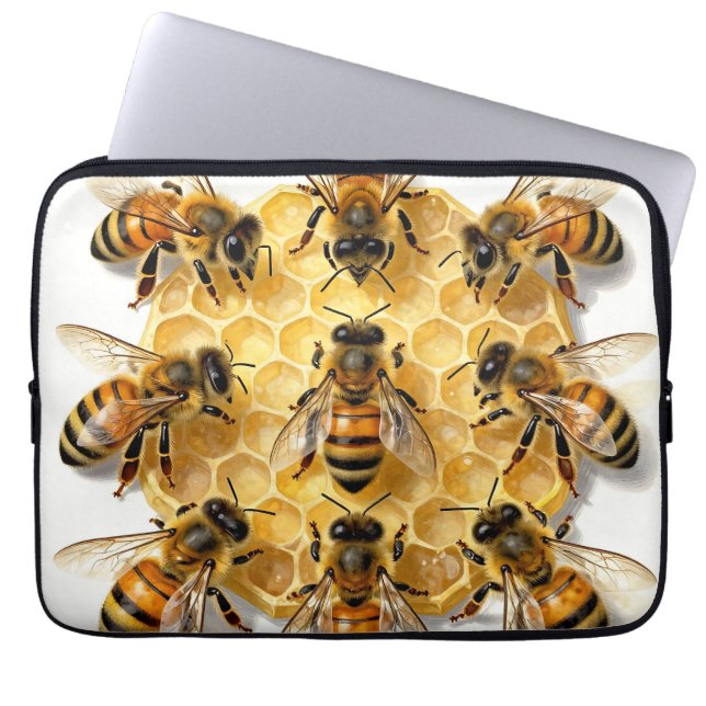 Funda Para Portátil Abejas Melíferas en Círculo de Panal Hexagonal (Frente)