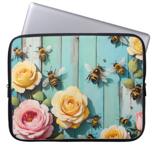 Funda Para Portátil Abejas ocupadas con rosas rosas rosas y amarillas