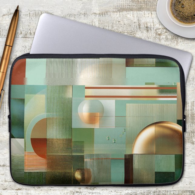 Funda Para Portátil Abstract Bauhaus Green Gold Laptop Sleeve (Laptop sleeve featuring a modern abstract Bauhaus style design in green, teal and gold)