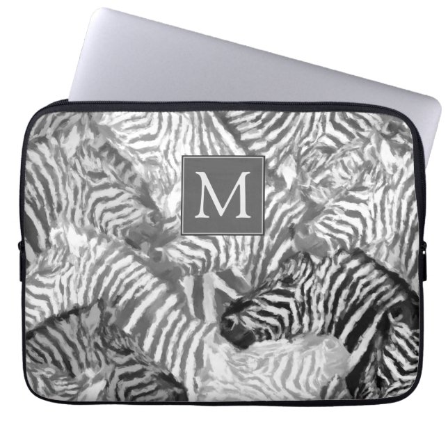 Funda Para Portátil Abstract Black and White Zebra Art Monogram (Frente)