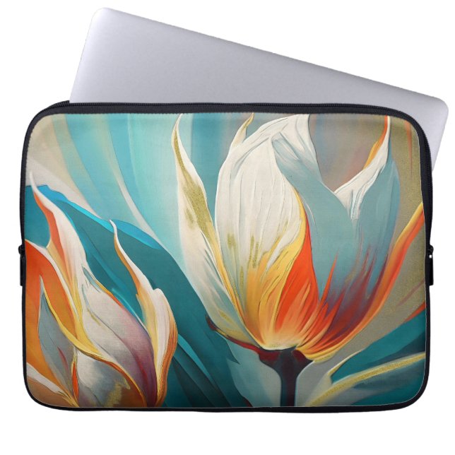 Funda Para Portátil Abstract Floral Glow in Teal and Orange (Frente)