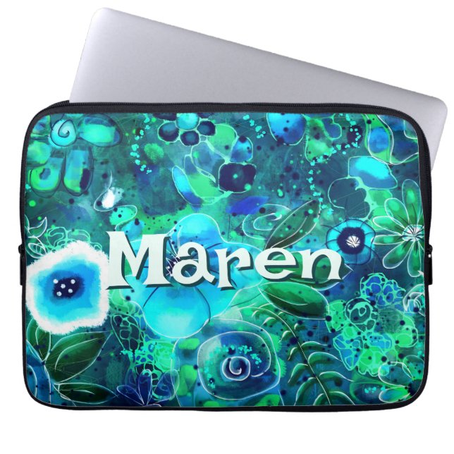 Funda Para Portátil Abstract Floral Teal Blue Green Personalized (Frente)