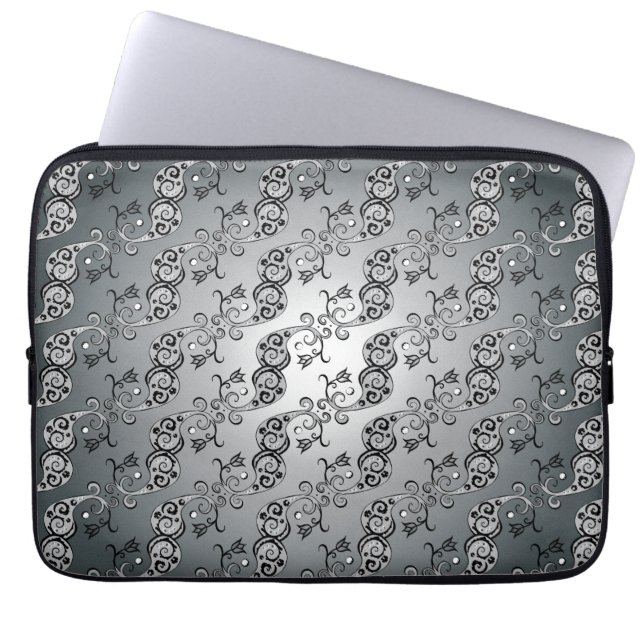 Funda Para Portátil Abstract Silver and black Tulip Boteh Pattern (Frente)