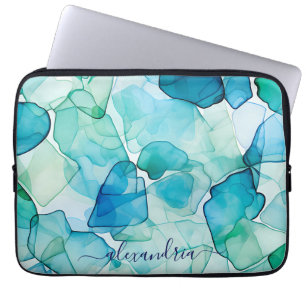 Funda Para Portátil Acuarela Abstracta Vidrio Marítimo Con Nombre