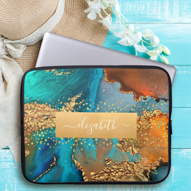 Funda Para Portátil Acuarela agata oro turquesa naranja nombre glam (Subido por el creador)