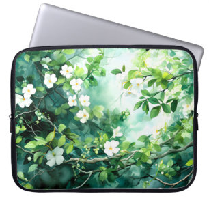 Funda Para Portátil Acuarela Botánica Flores Blancas Hojas Verdes