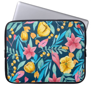 Funda Para Portátil acuarela botánica: flores, hojas adornadas.