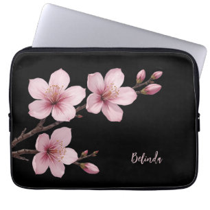 Funda Para Portátil Acuarela Color rosa Negro Flor de cerezo Monograma