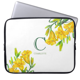 Funda Para Portátil Acuarela Día Amarillo Lilis Monograma de Arte Flor