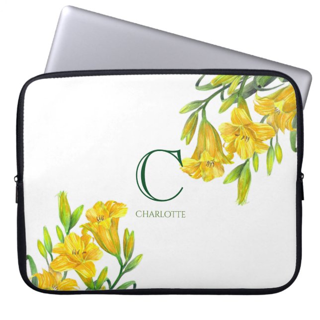 Funda Para Portátil Acuarela Día Amarillo Lilis Monograma de Arte Flor (Frente)
