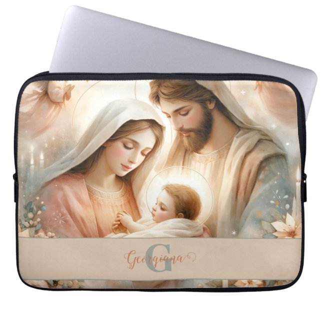 Funda Para Portátil Acuarela Floral Personalizada Bebé Jesús Natividad (Frente)