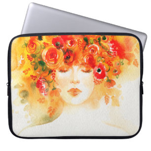 Funda Para Portátil Acuarela hermosa mujer con ropa de cama