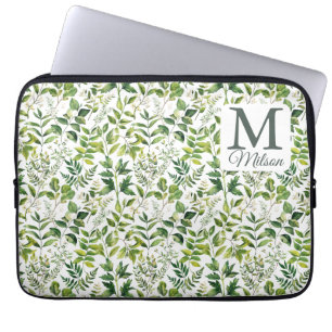 Funda Para Portátil Acuarela Monograma de hojas verdes botánicas
