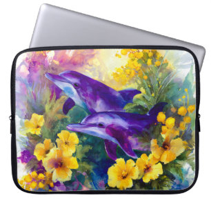 Funda Para Portátil Acuarela Océano Delfines Flores Tropicales