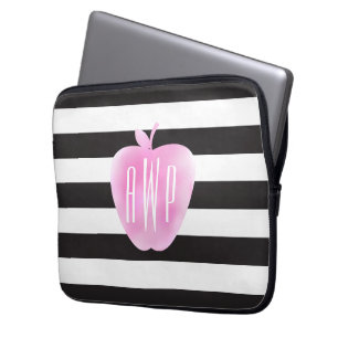 Funda Para Portátil Acuarela rosada con monograma Apple + Rayas