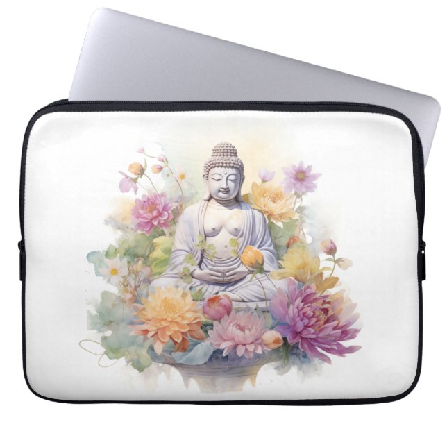 Funda Para Portátil Acuarela Serene Buda Flores Amarillas Rosa (Frente)