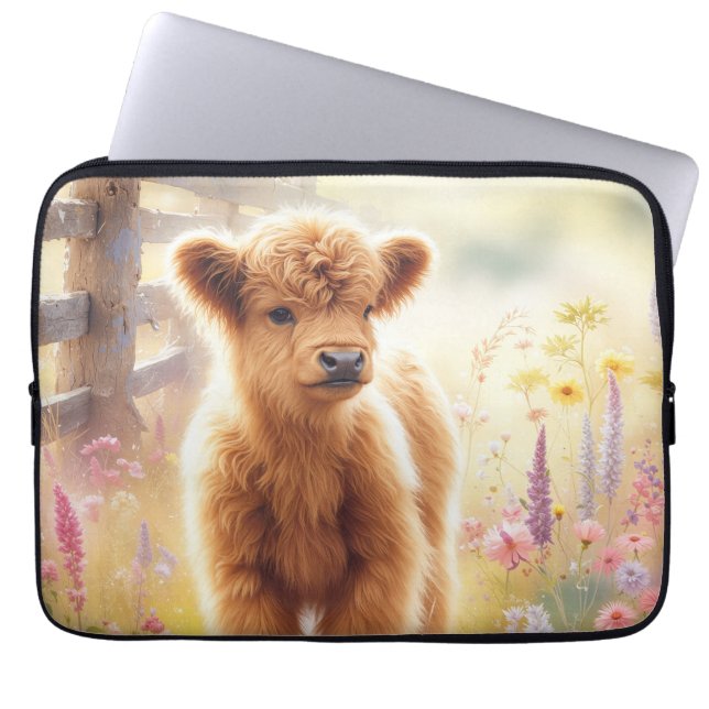 Funda Para Portátil Adorable Baby Highland Cow In Flower Field (Frente)