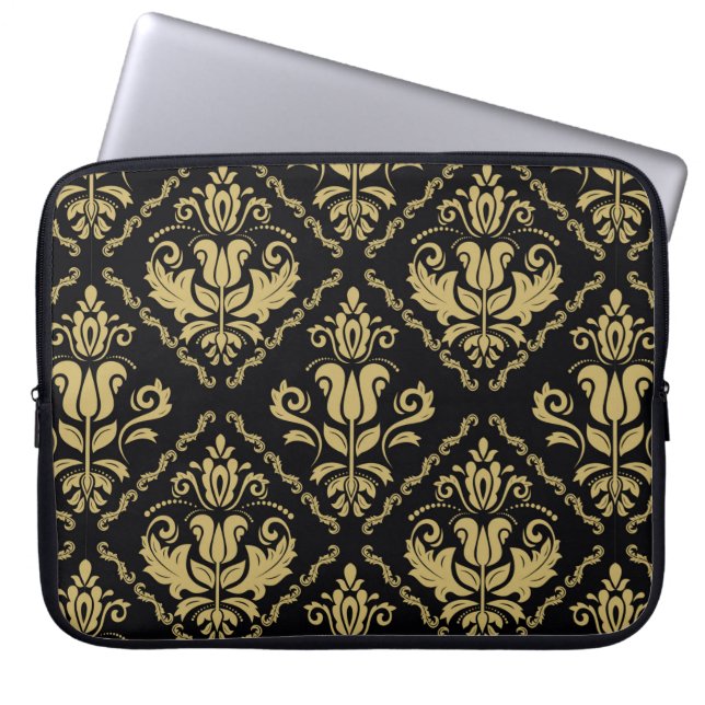 Funda Para Portátil Adornamento negro y dorado sin costura Damask. Tra (Frente)
