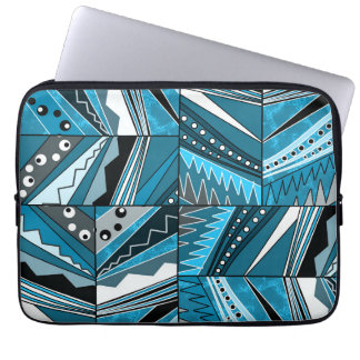 Funda Para Portátil Adorno étnico monocromo azul.