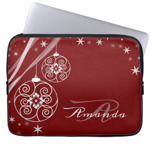 Funda Para Portátil Adornos Blancos de Monograma de Navidad Elegantes