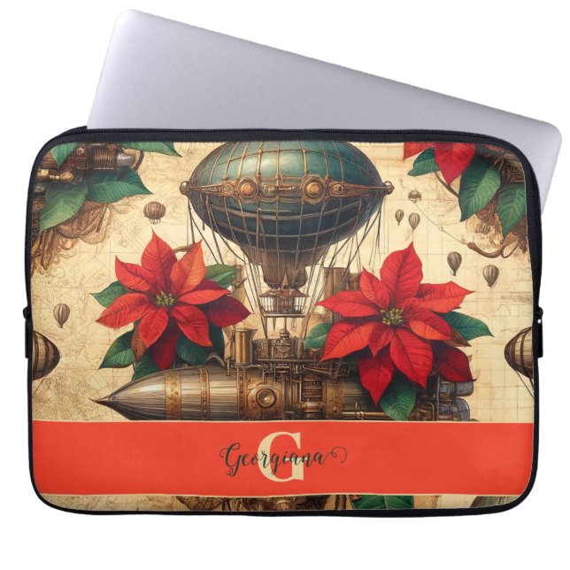 Funda Para Portátil Aeronave personalizada Steampunk con Poinsettia (Frente)