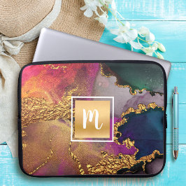 Funda Para Portátil Aga monogramo acuarela color oro azul púrpura verd