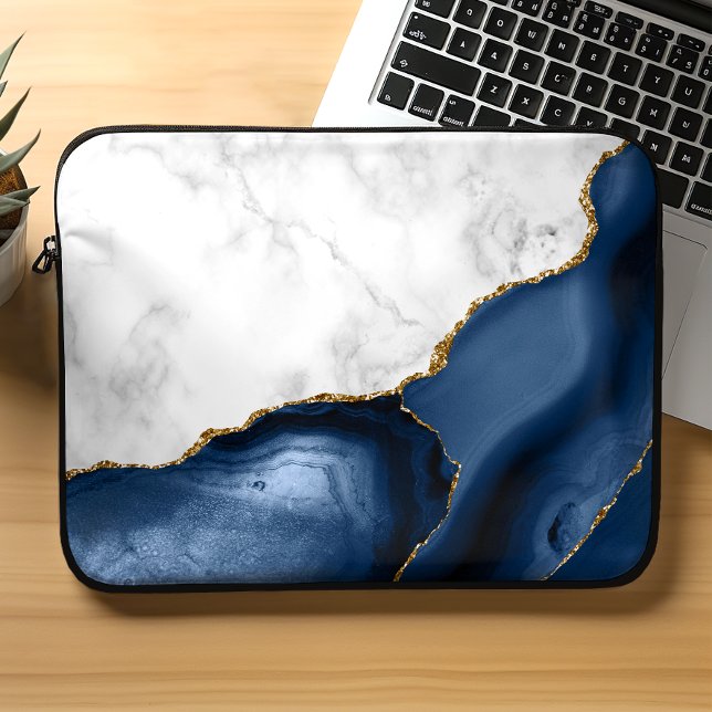 Funda Para Portátil Agante azul de la marina dorada de mármol blanco (Subido por el creador)