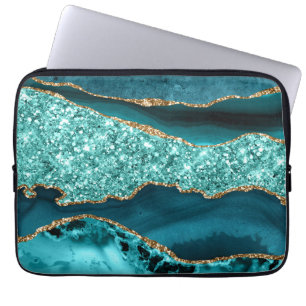 Funda Para Portátil Ágata Oceánica Elegante Teal y Dorado Glitter