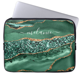 Funda Para Portátil Agate Green Gold Purpurina Geode Marble Custom Nam