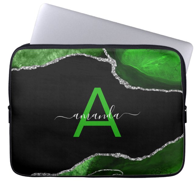 Funda Para Portátil Agato verde monogramado con acento Purpurina plate (Frente)