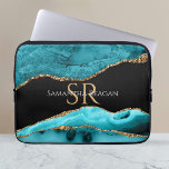 Funda Para Portátil Agentes verde azulados de color negro y oro, nombr<br><div class="desc">Diseño de moda de Agate Verde azulado,  Negro y Oro. Personalice su nombre,  iniciales o mensajes en texto en blanco y dorado. Versión 3.</div>