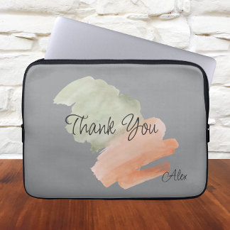 Funda Para Portátil Agradecer Acuarela Melocotón y Verde Nombre Person