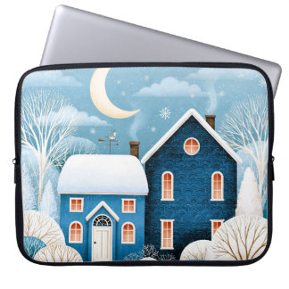 Funda Para Portátil Aldea invernal de la Luna acogedora Cabaña nevada