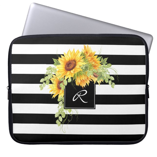 Funda Para Portátil Alegres girasoles y rayas con monograma (Frente)