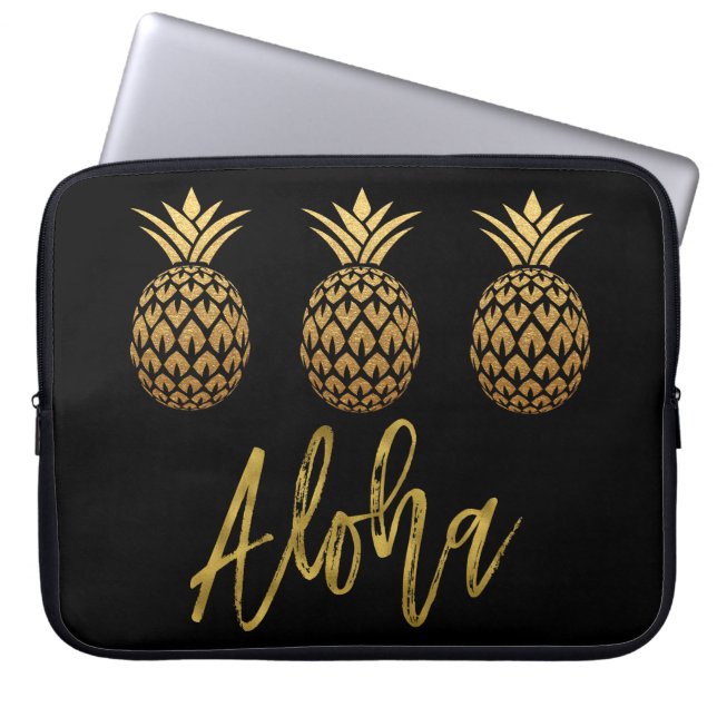 Funda Para Portátil Aloha Tropical Pineapple Negro y Relieve metalizad (Frente)