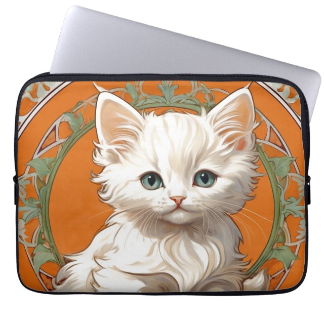 Funda Para Portátil Alphonse Mucha Art Nouveau Gatito Blanco (Frente)