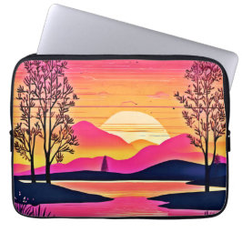 Funda Para Portátil Amanecer dorado sobre arte de lago rosado